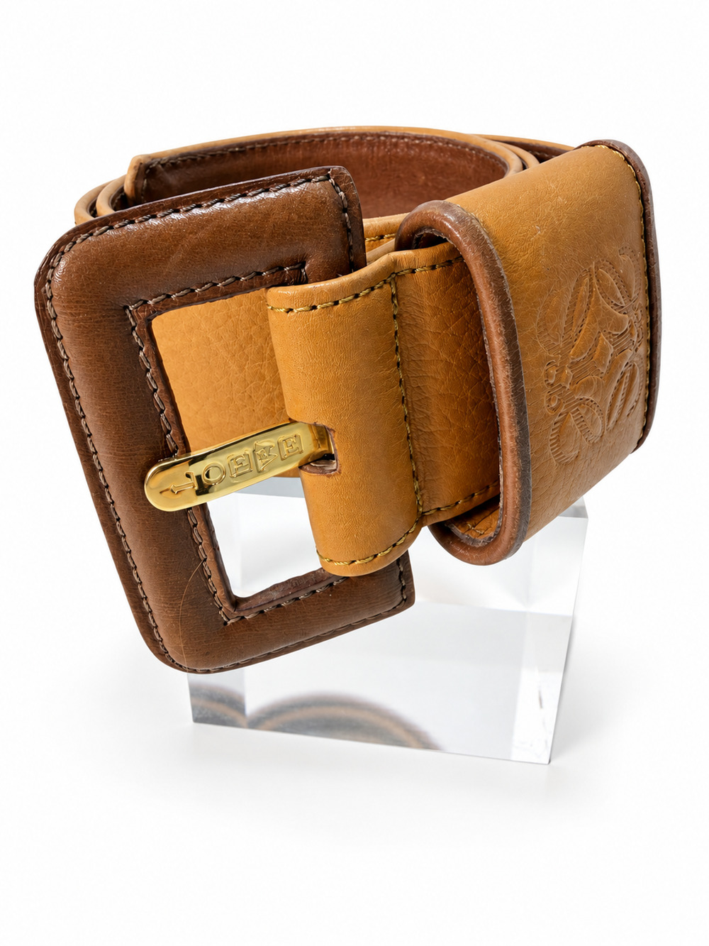 Vintage LOEWE Madrid 1846 Wide Leather Belt Tan Brown Anagram Size 70 / 28 31"